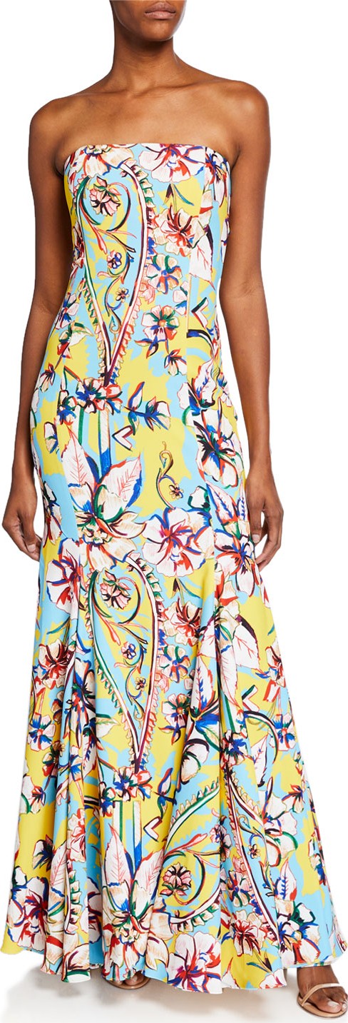 Badgley Mischka Couture-Print Strapless Bow-Back Gown