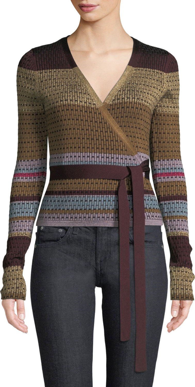DIANE von FURSTENBERG Metallic Striped Wrap Sweater