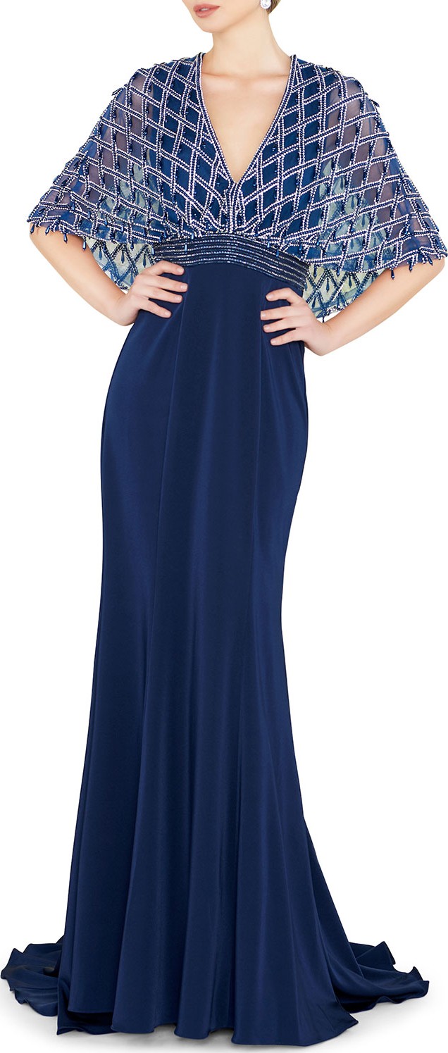 Mac Duggal V-Neck Short-Sleeve Embellished Cape Gown with Crepe Skirt