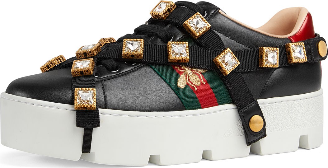 Gucci Leather Platform Sneakers with Detachable Jeweled Straps