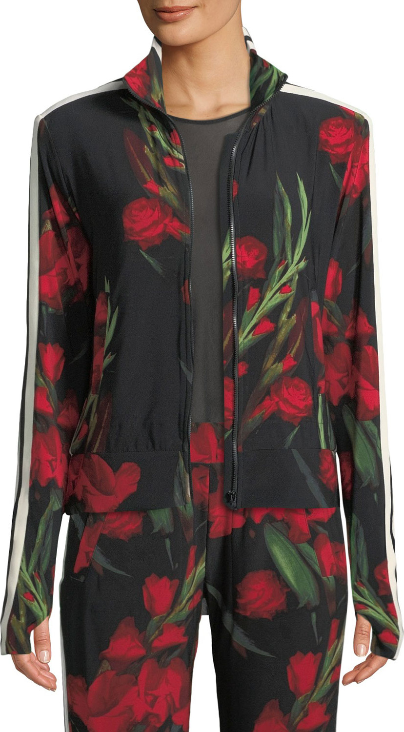 Norma Kamali Rose-Print Side-Stripe Turtle Athletic Jacket