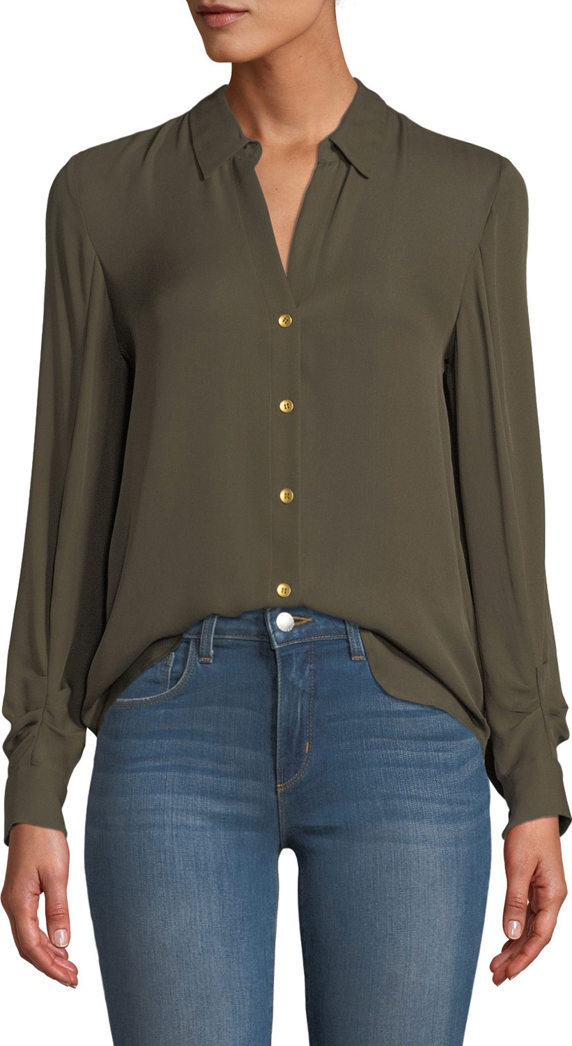L'AGENCE Fiona Shirred-Sleeve Silk Button-Down Blouse