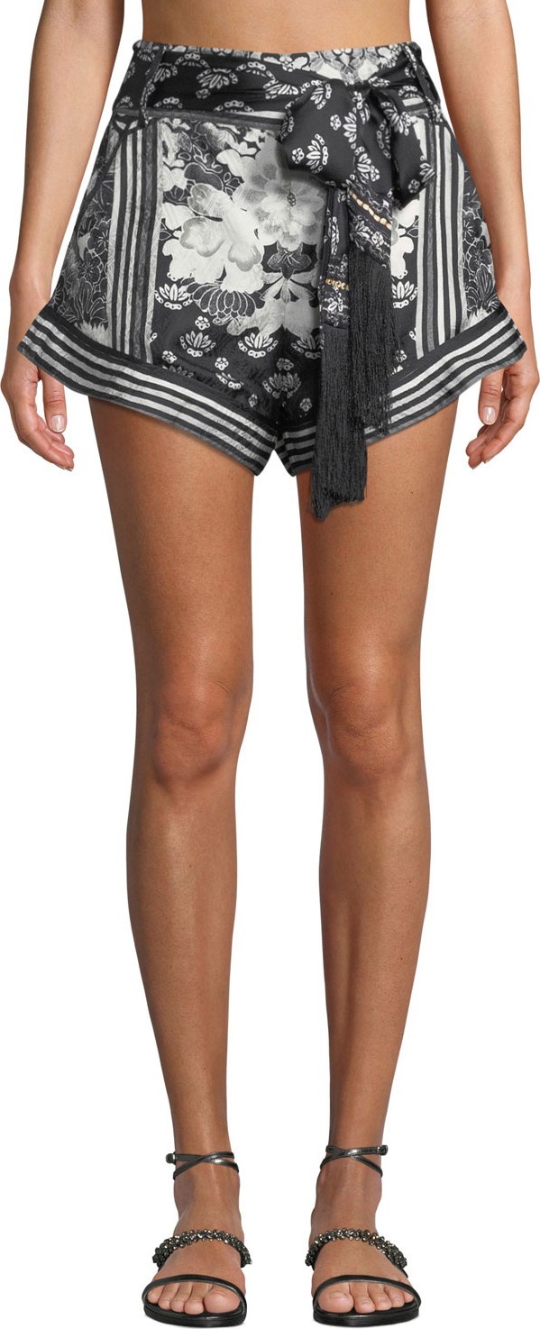 Camilla Tie-Front High-Cut Floral Silk Coverup Shorts