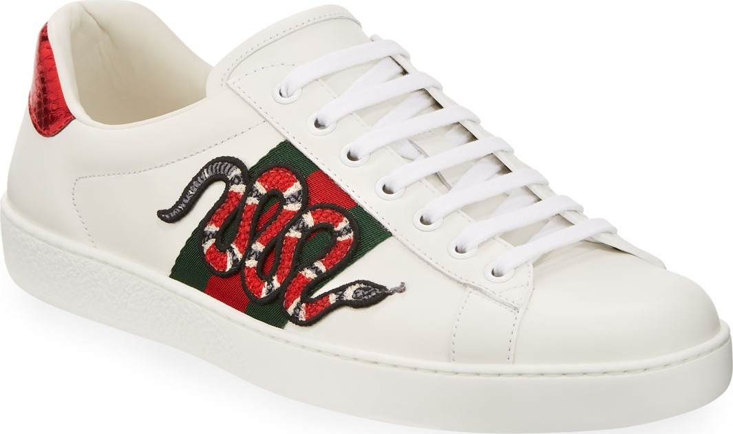 Gucci New Ace Men's Snake Sneakers, White