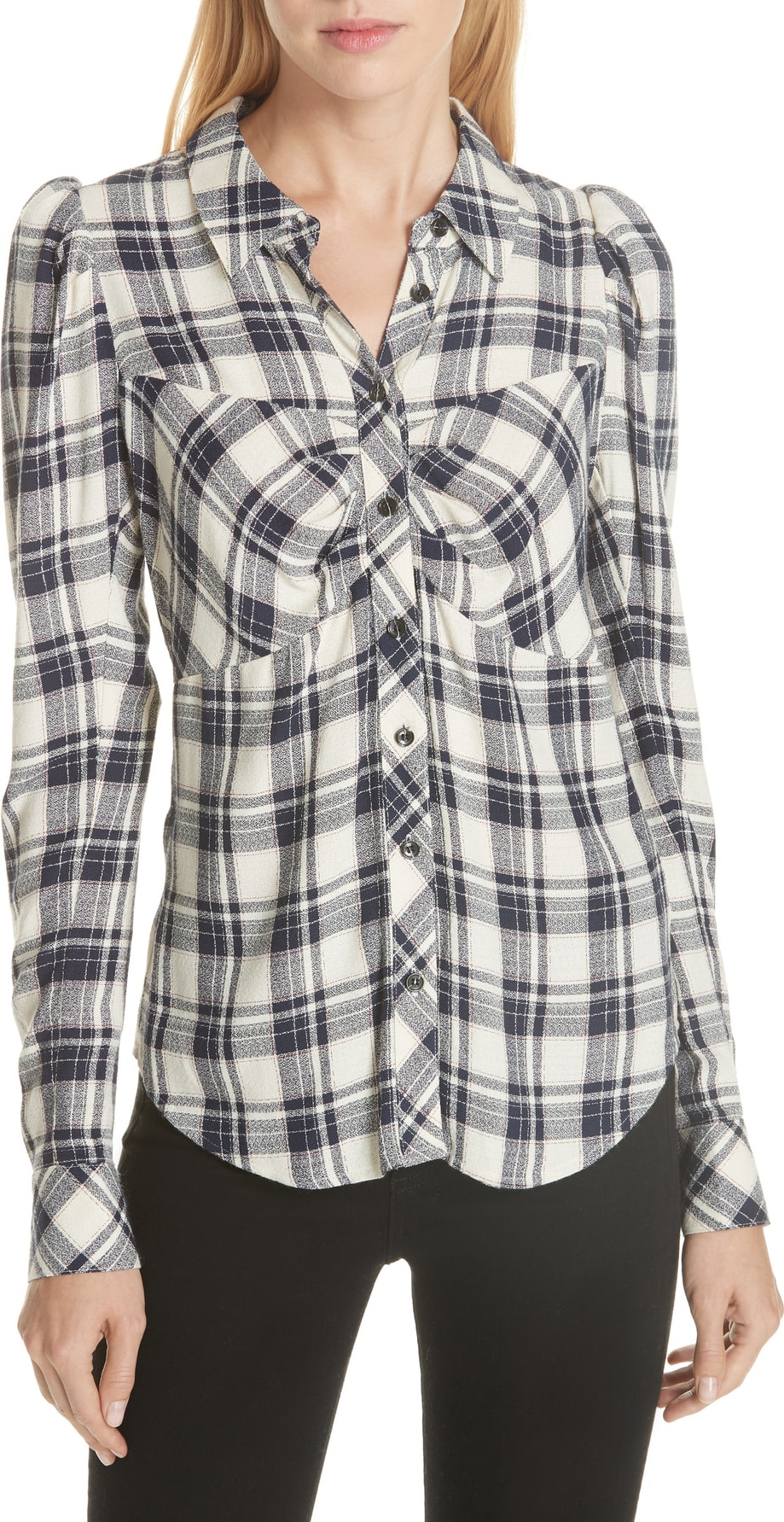 Veronica Beard Candice Plaid Puff Sleeve Top