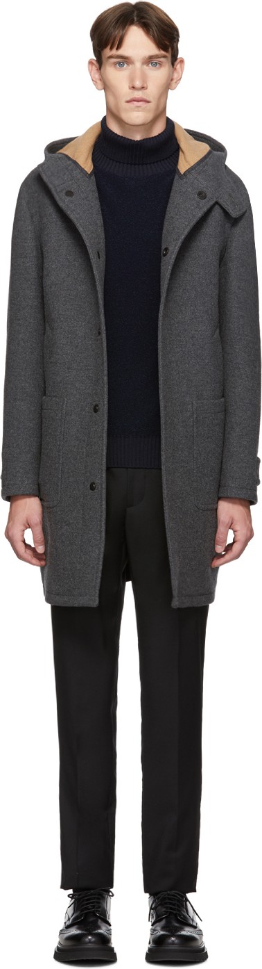 Z Zegna Grey Wool Hooded Over Coat