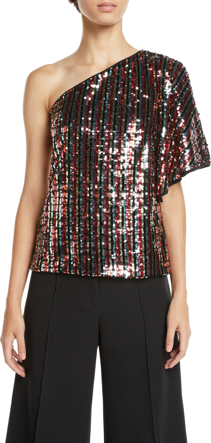 MILLY One-Shoulder Butterfly-Sleeve Striped Sequin Top