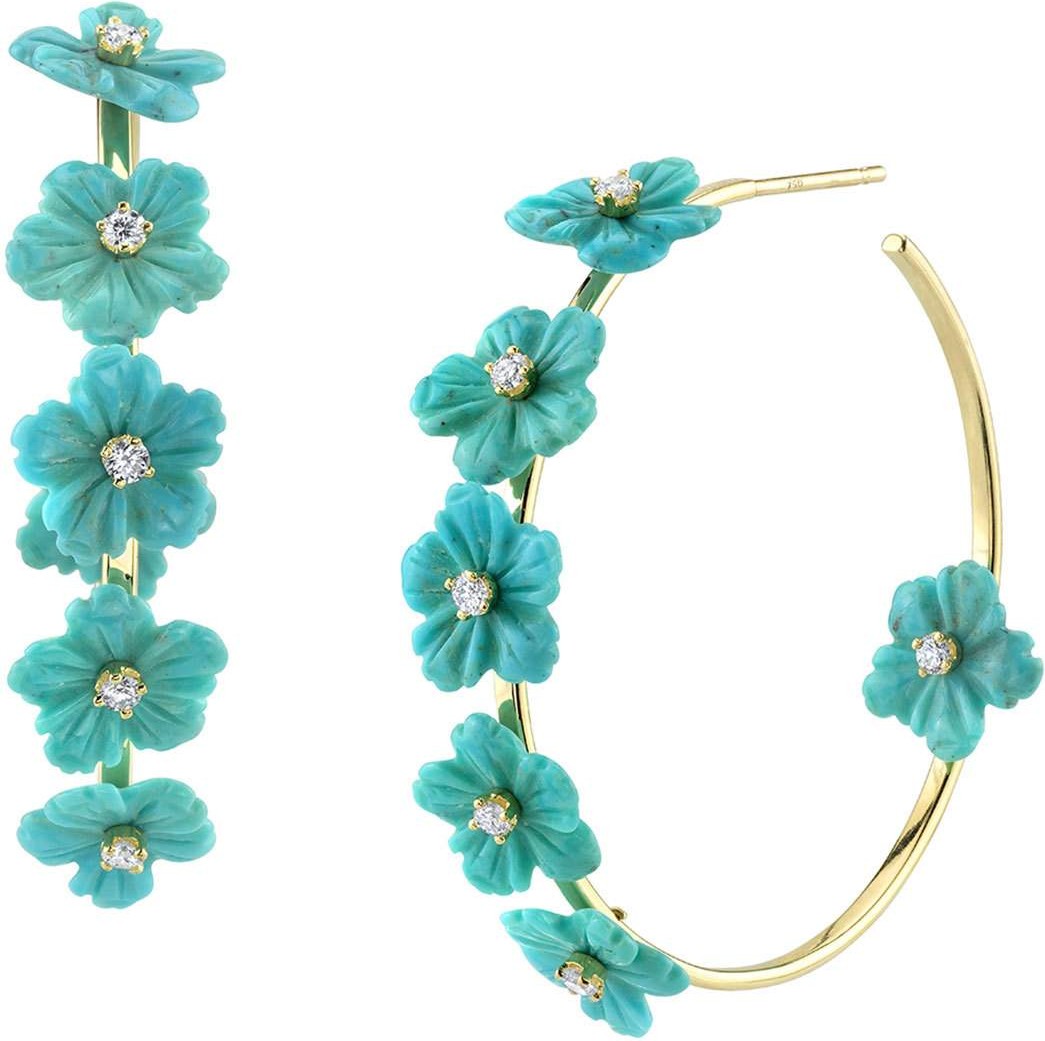 Cynthia Bach 18k Gold Turquoise & Diamond Flower Hoop Earrings, 1.5"L