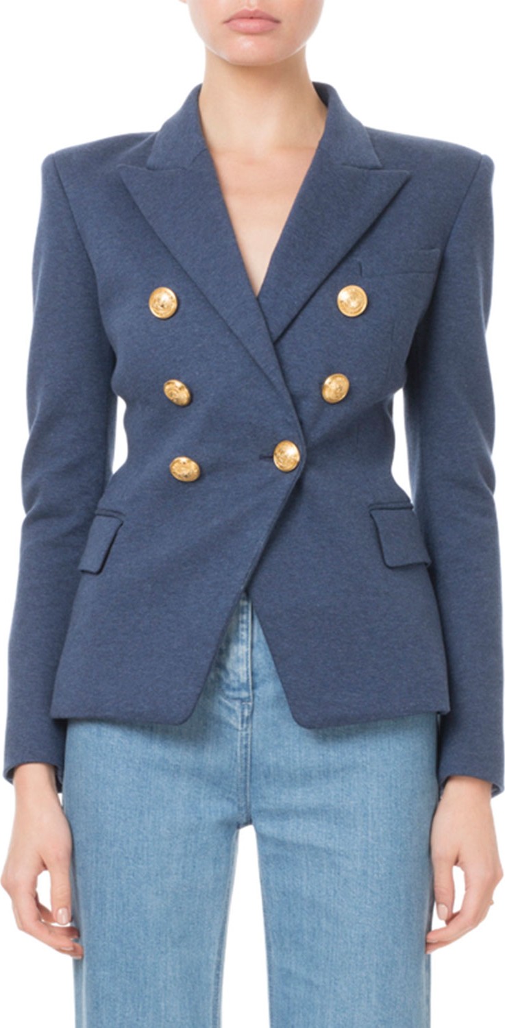 Balmain Double-Breasted Golden-Button Classic Jersey Blazer