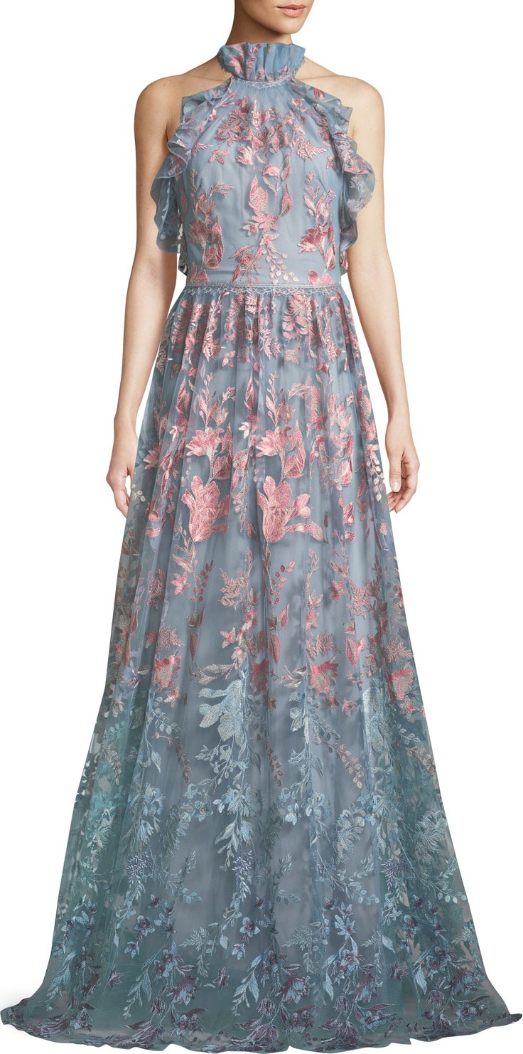 Marchesa Notte Ombré Floral Embroidered Halter Gown