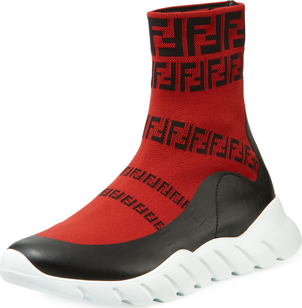 Fendi Men's FF Print Sock Boot Sneakers, Red