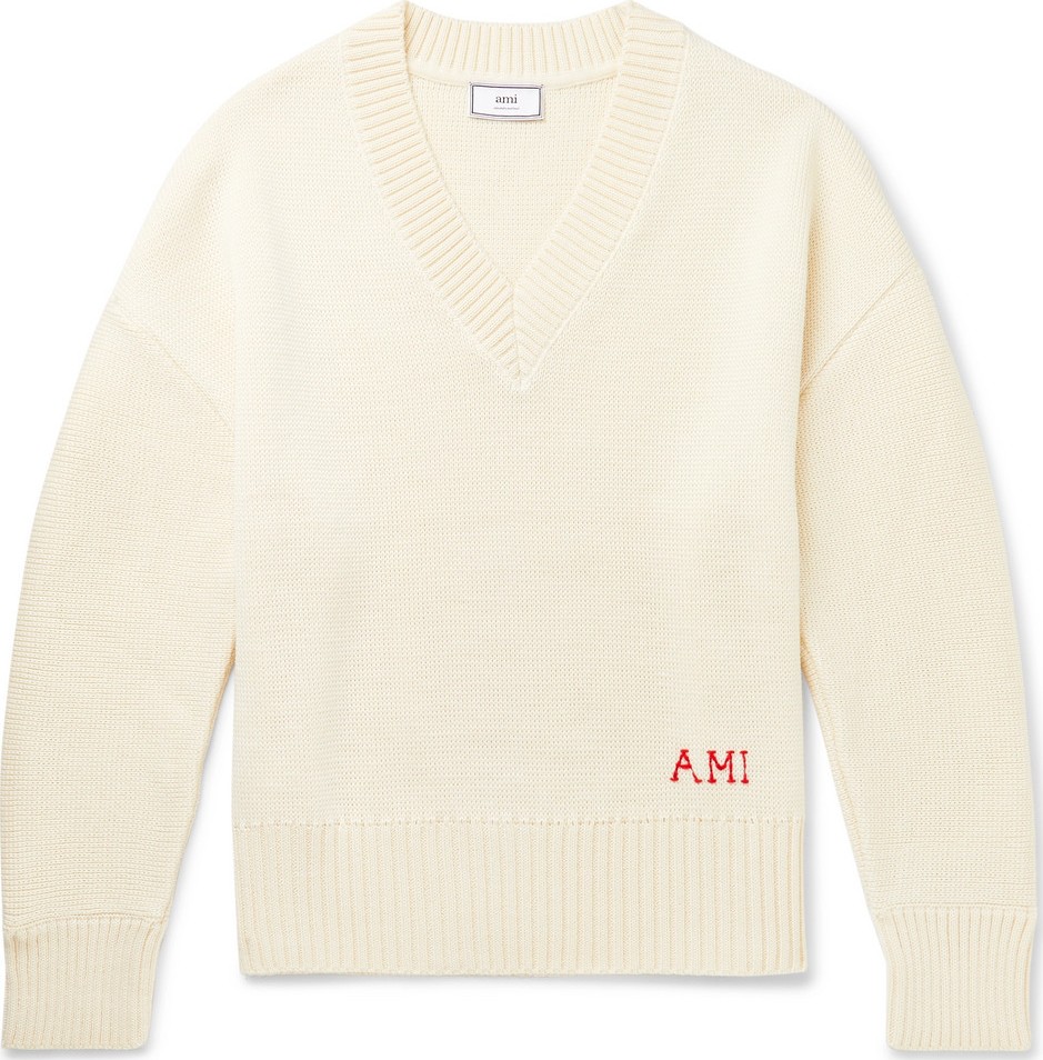 AMI Oversized Logo-Embroidered Wool Sweater