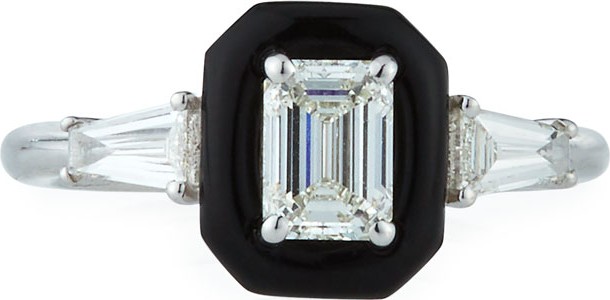 Nikos Koulis Oui 18k White Gold Diamond & Black Enamel Solitaire Ring, Size 6.5