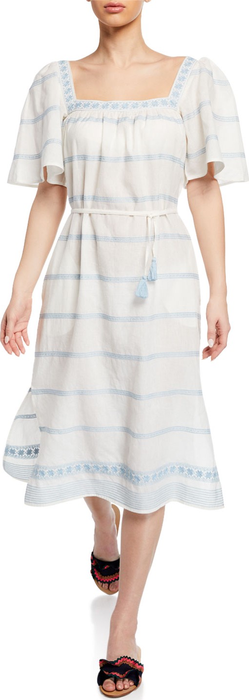 Tory Burch Square-Neck Short-Sleeve Embroidered Ruffle Dress w/ Tassel Belt