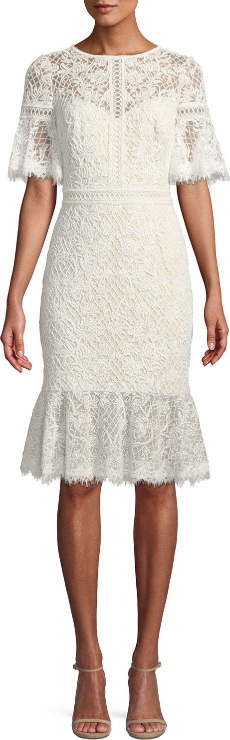 Tadashi Shoji Lace-Sleeve Ruffle-Hem Dress