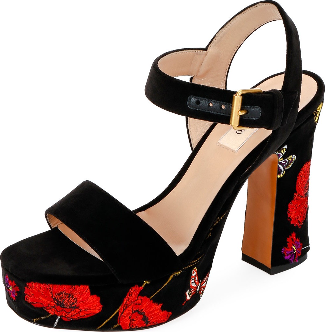 Valentino Poppy Velvet Embroidered Sandals Valentino Poppy Velvet Embroidered Sandals