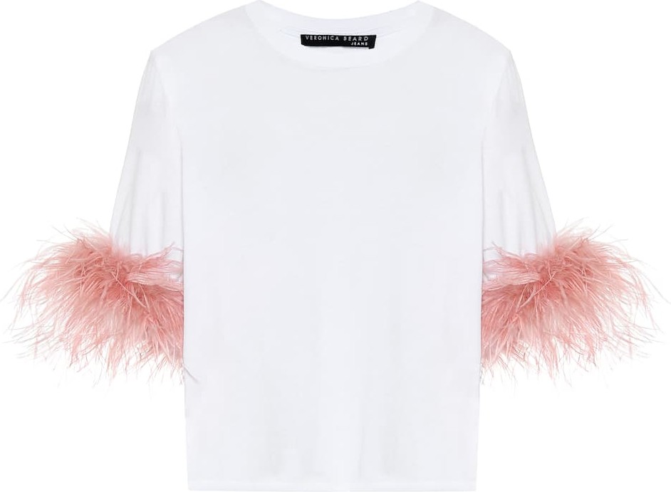 Veronica Beard Feather-trimmed cotton T-shirt