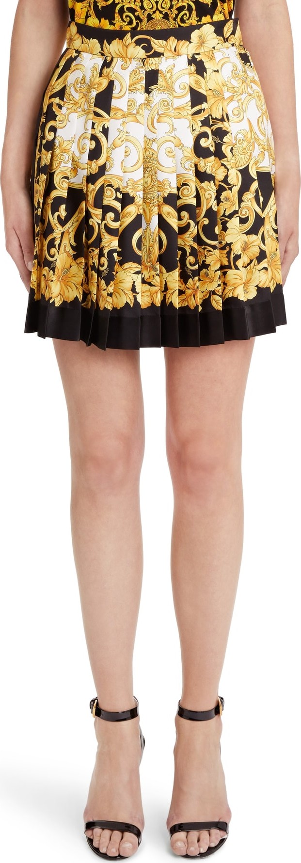 Versace First Line Hibiscus Print Pleated Silk Skirt