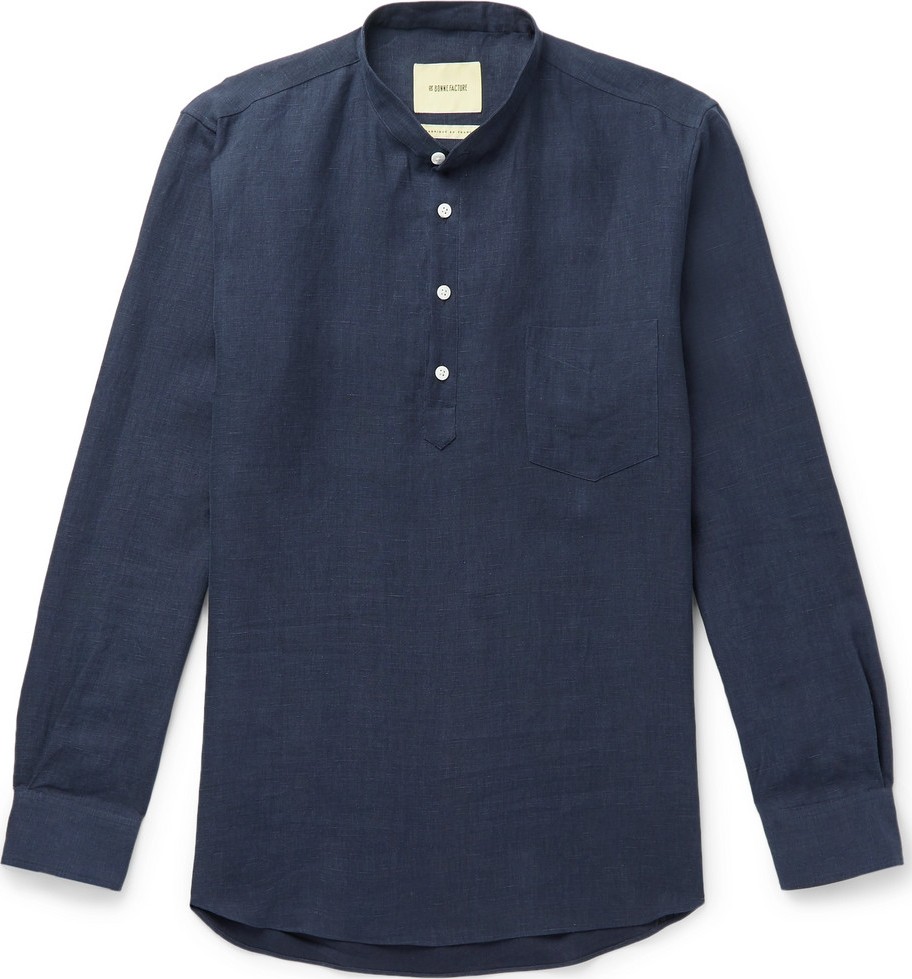 De Bonne Facture Grandad-Collar Brushed-Linen Shirt