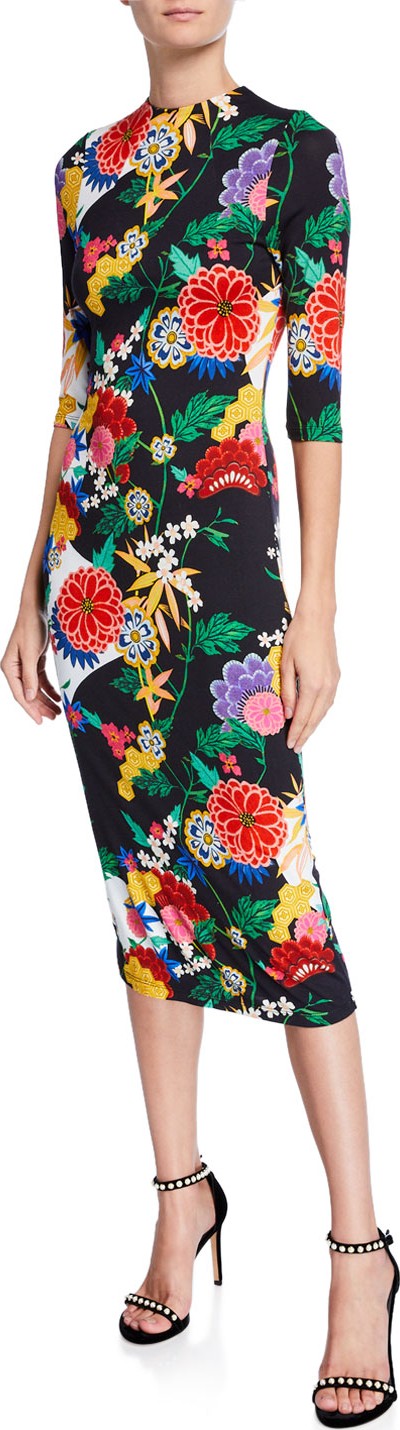 Alice + Olivia Delora Long-Sleeve Floral Fitted Sheath Midi Dress Alice + Olivia Delora Long-Sleeve Floral Fitted Sheath Midi Dress