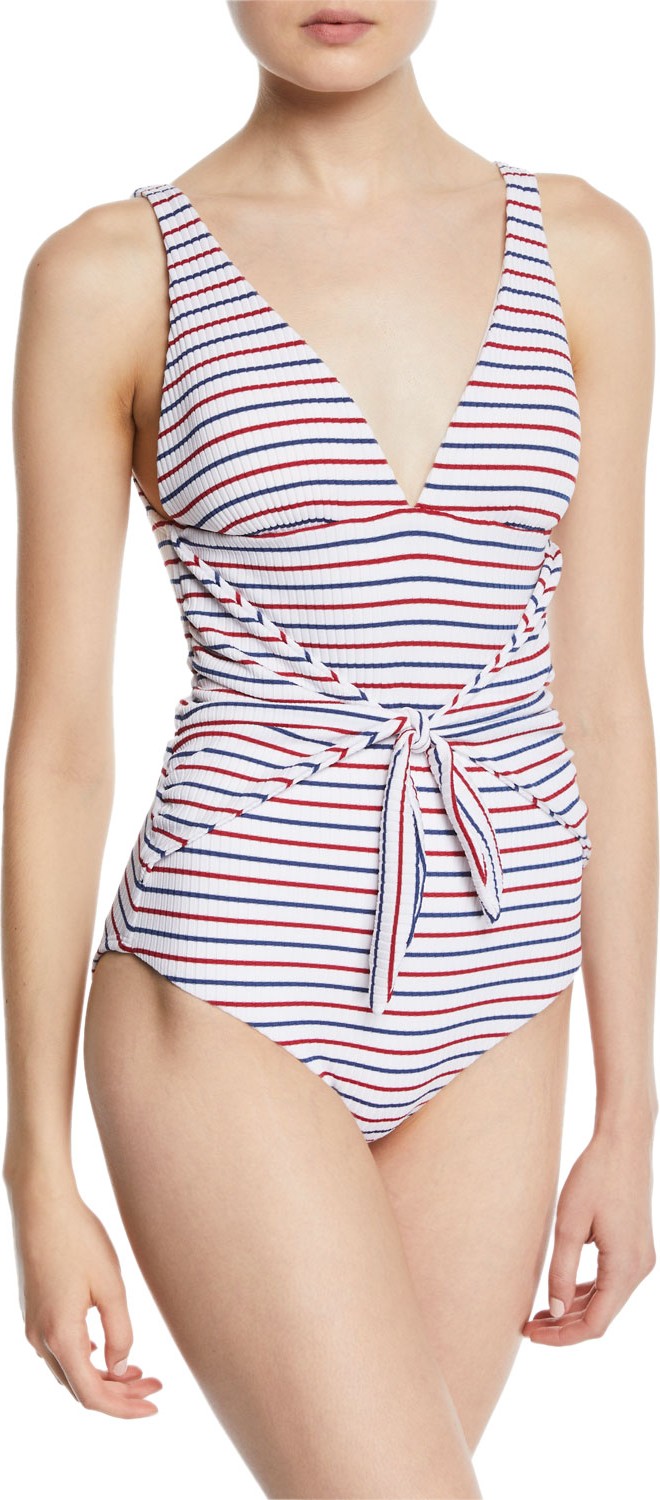 Shoshanna Striped Tie-Front Ribbed One-Piece Swimsuit