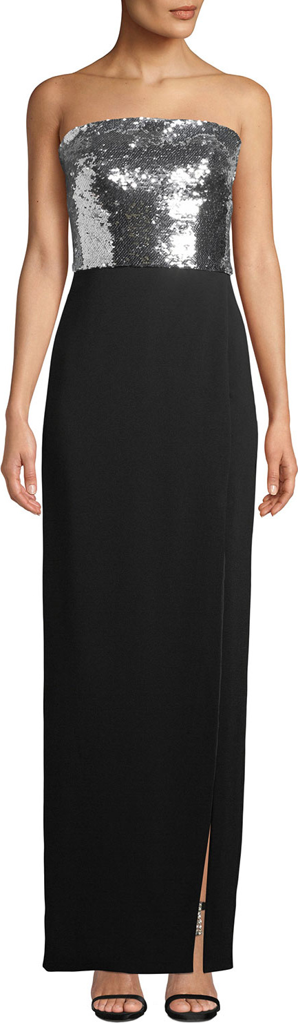 Monique Lhuillier Strapless Sequin-Bodice Crepe Column Evening Gown w/ Slit