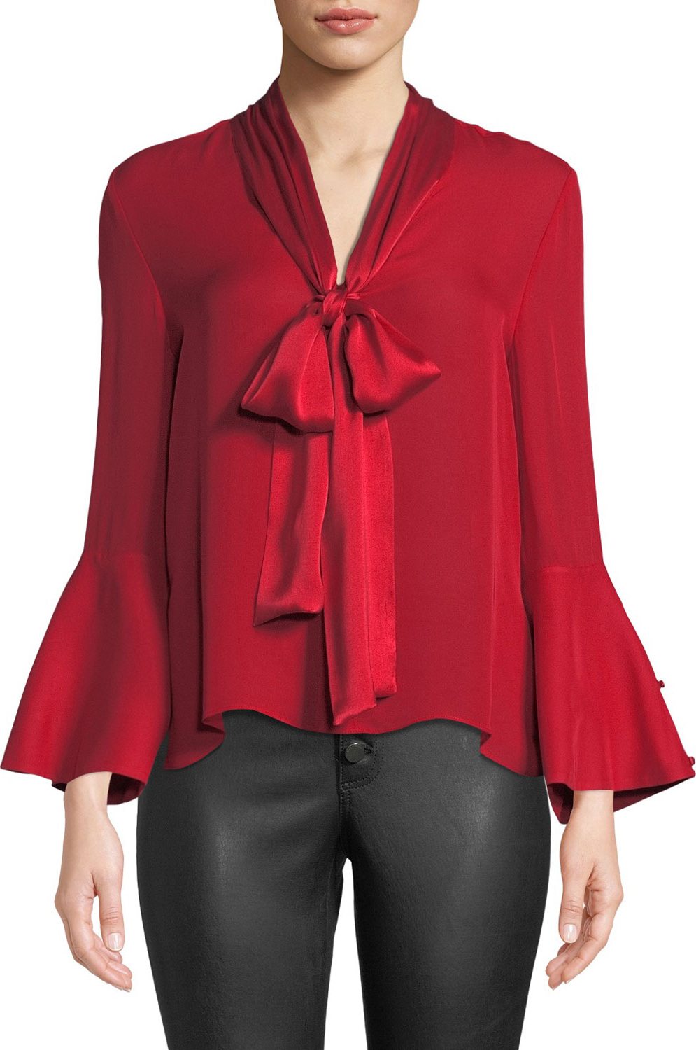 Alice + Olivia Merideth Slit-Sleeve Tie-Neck Top