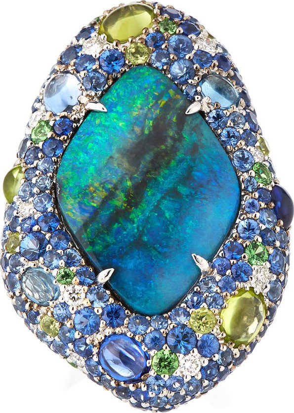 Margot McKinney Opal Ring with Diamonds & Sapphires in 18K White Gold, Size 6.5
