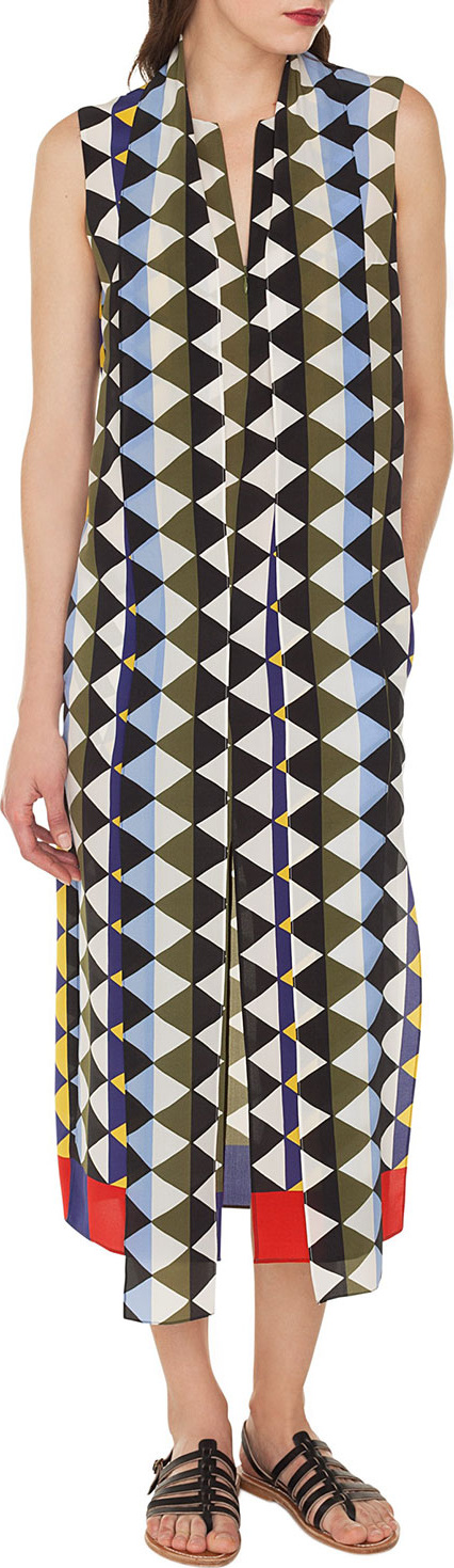 Akris Sleeveless Diamond-Print Silk Crepe A-Line Dress with Neck-Scarf