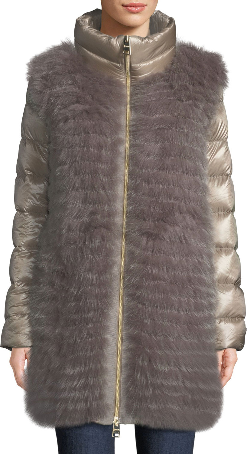 Herno Fox-Fur Puffer Coat w/ Detachable Sleeves