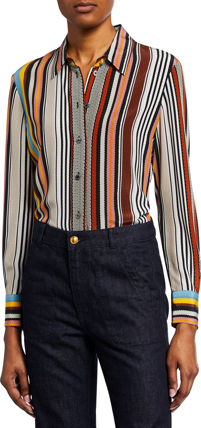 Tory Burch Striped Button-Down Long-Sleeve Silk Shirt