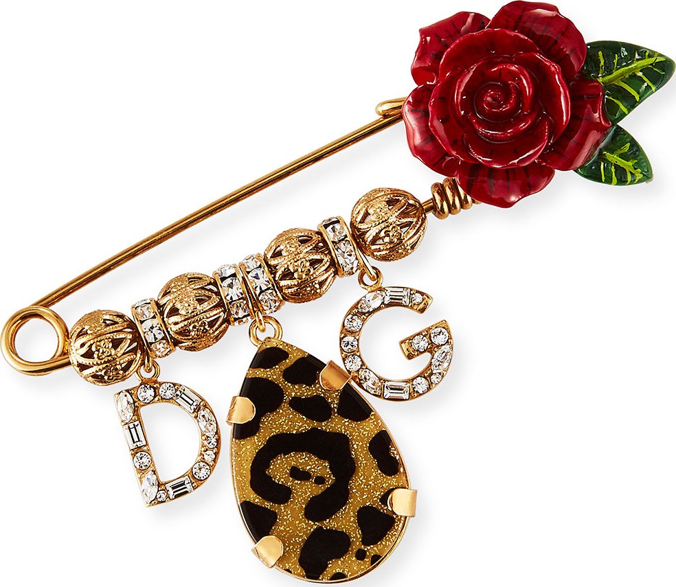 Dolce & Gabbana Leopard & Roses Crystal Logo Brooch