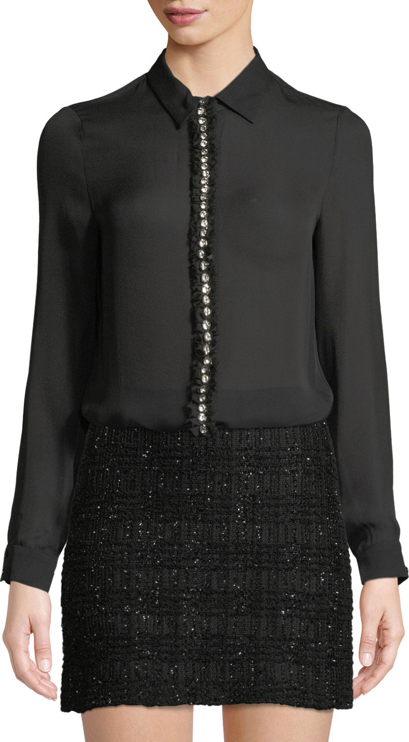 Alice + Olivia Willa Long-Sleeve Silk Top with Embellished Placket