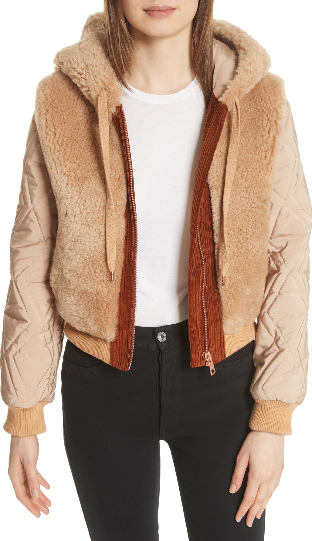 See By Chloé Genuine Shearling Mixed Media Bomber Jacket
