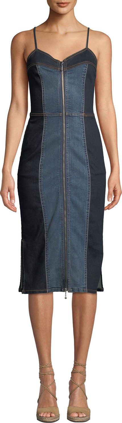 Current/Elliott The Jacqueline Paneled Zip-Front Denim Midi Dress