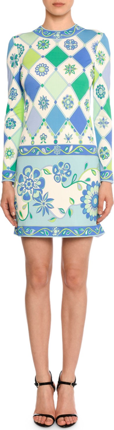 Emilio Pucci Long-Sleeve Round-Neck Wallpaper-Print Sheath Dress