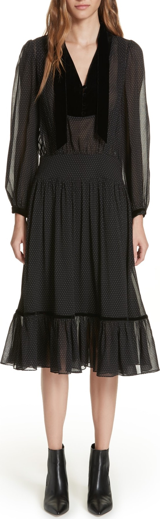 FRAME DENIM Velvet Trim Polka Dot Silk Dress