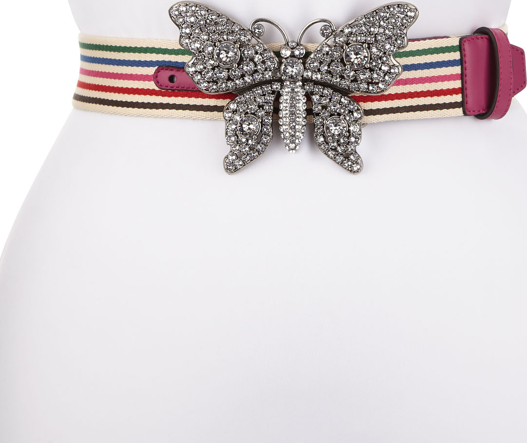 Gucci Animalier Striped Canvas Belt w/ Crystal Butterfly Buckle