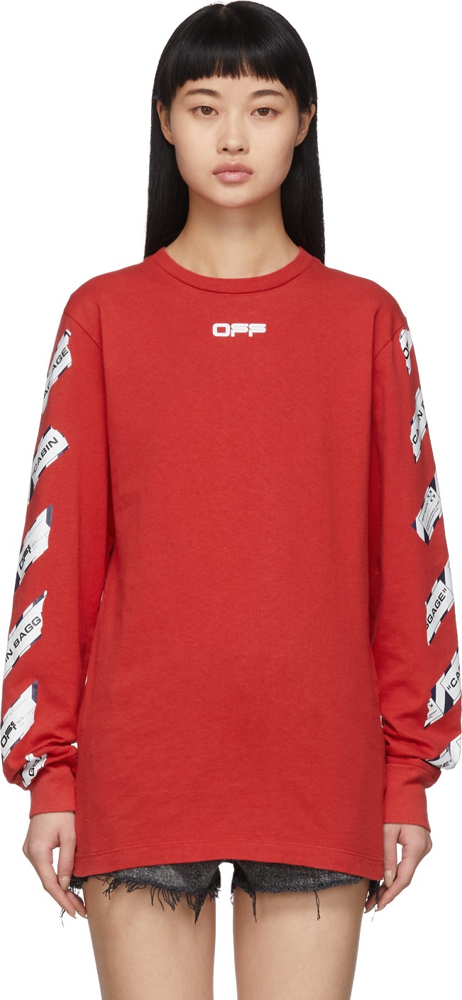 Off White Red Airport Tape Long Sleeve T-Shirt