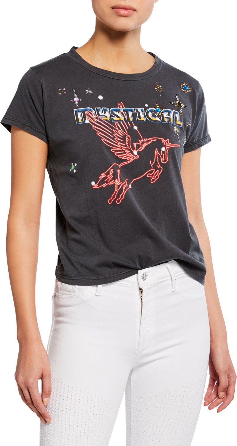 MOTHER Goodie Goodie Short-Sleeve Boxy Cotton Tee w/ Embroidery