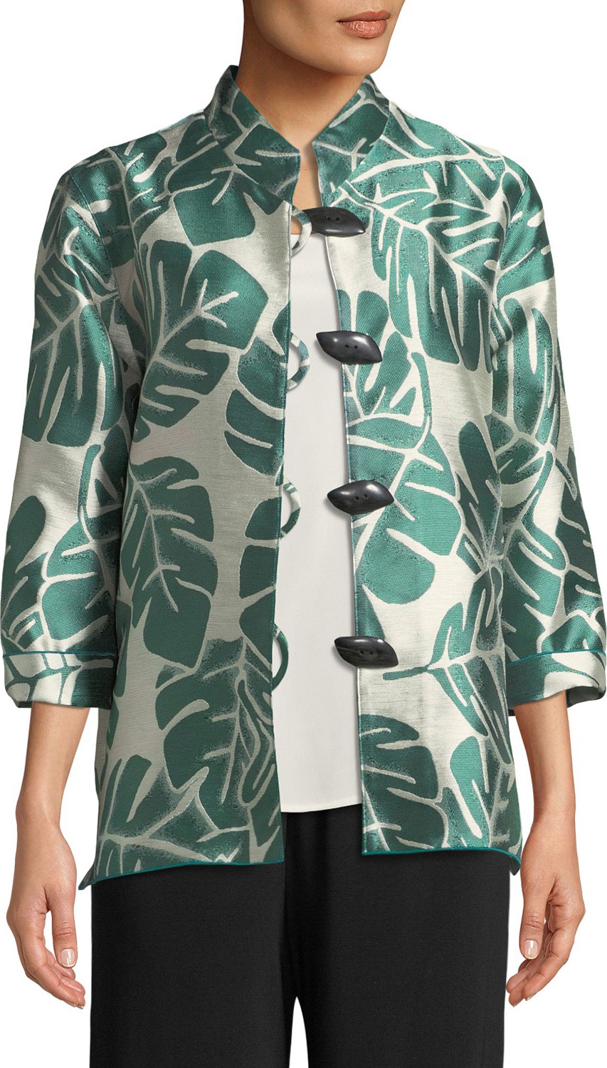 Caroline Rose Paradise Palm Jacquard Mandarin-Collar Jacket
