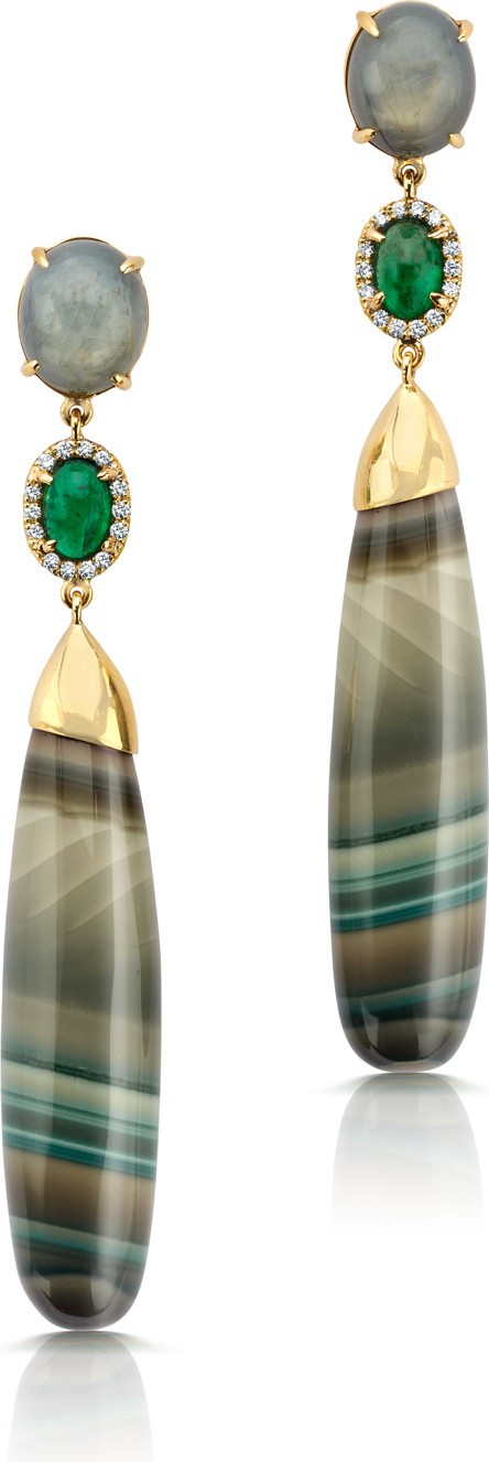 Pamela Huizenga 18k Narrow Chalcedony, Emerald & Sapphire Drop Earrings