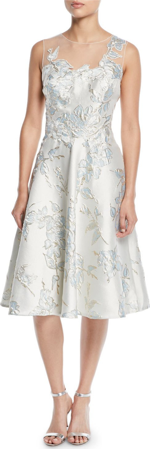 Rickie Freeman for Teri Jon Floral Jacquard Tulle-Yoke Cocktail Dress