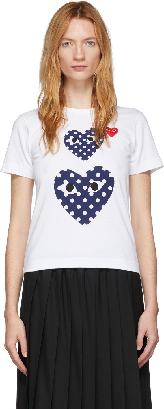 Comme Des Garcons PLAY White Polka Dot Double Heart T-Shirt