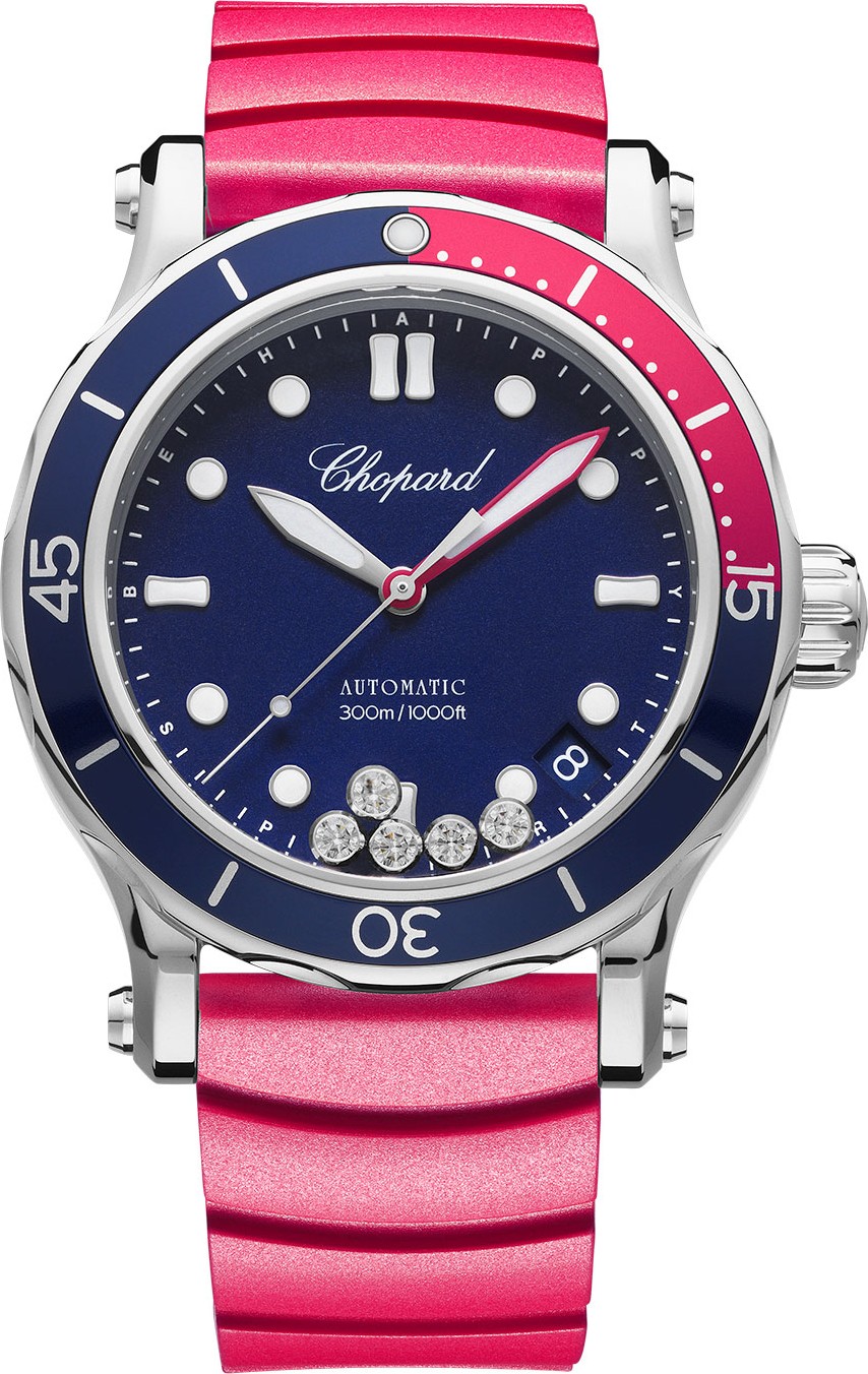 Chopard 40mm Happy Ocean Sport Medium Watch with Diamonds, Blue/Red