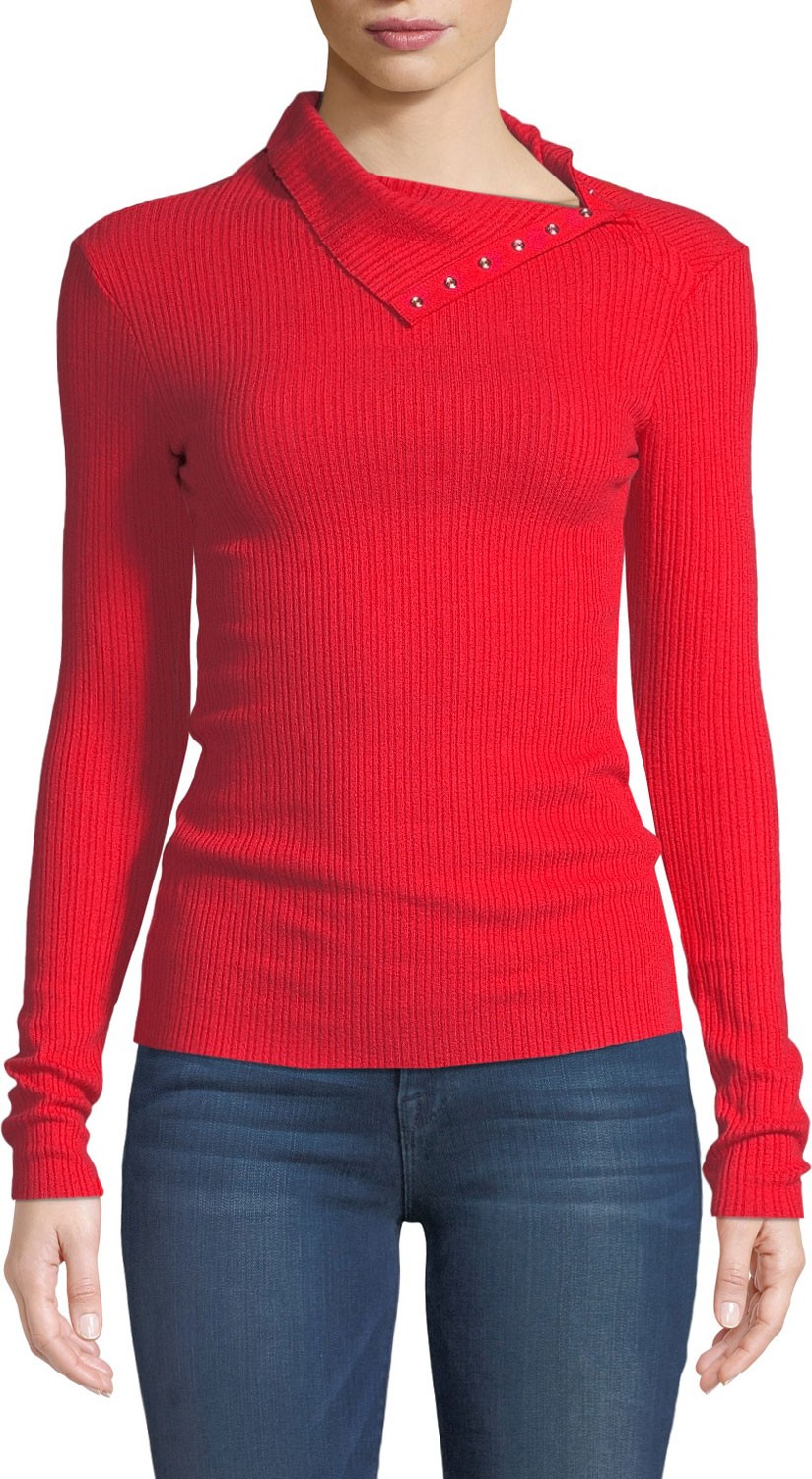 ENZA COSTA Ribbed Split-Collar Long-Sleeve Sweater