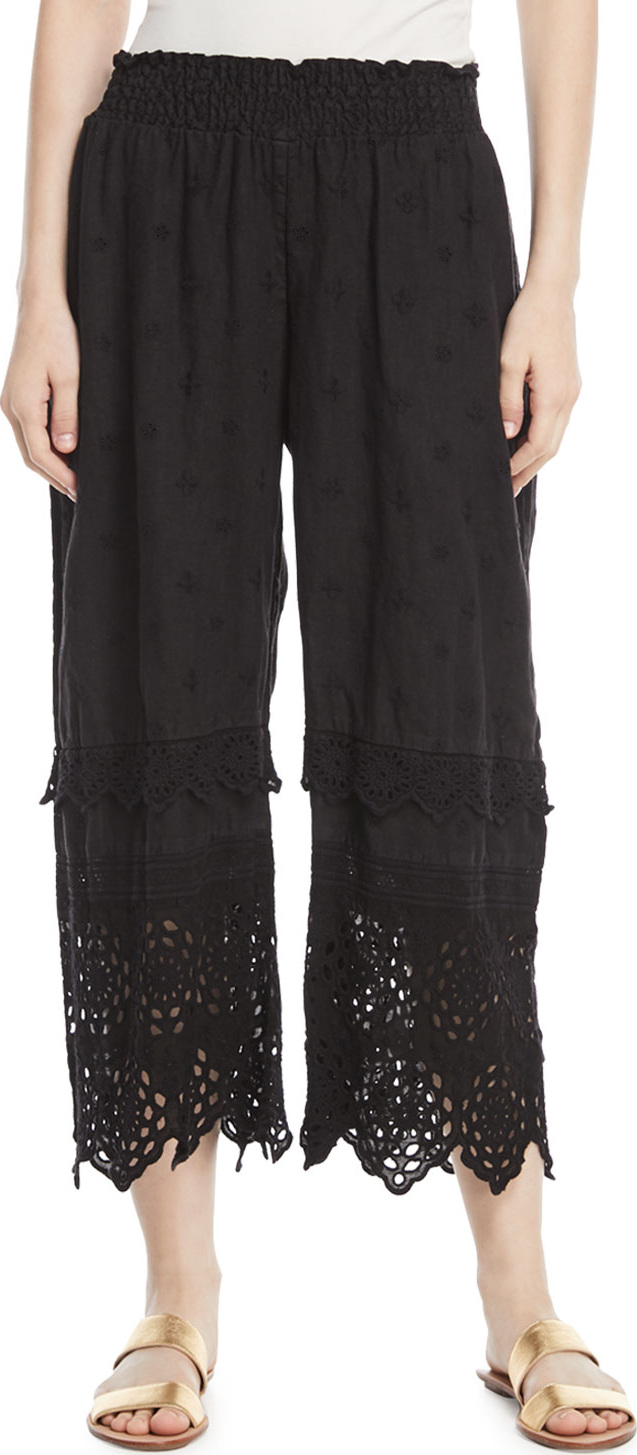 Johnny Was Eyelet-Trim Linen Crop Pants