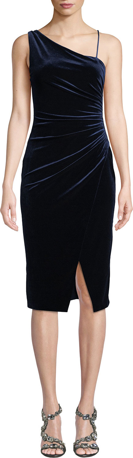 Black Halo Aracely Asymmetric Dress in Ruched Velvet