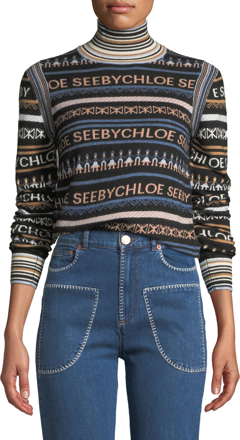 See By Chloé Striped Logo Turtleneck Pullover Sweater