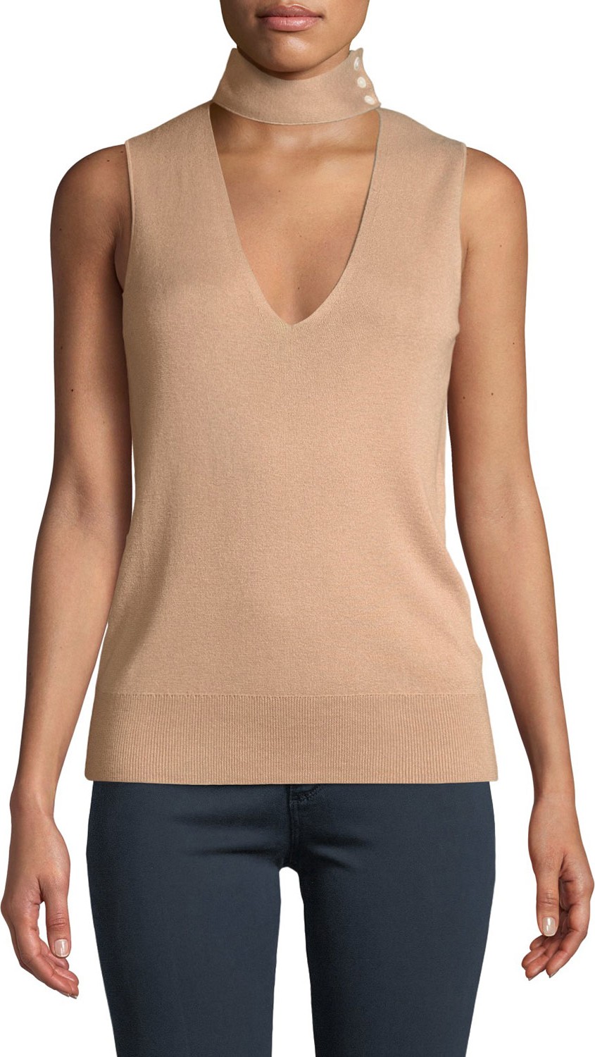 Theory Choker-Collar V-Neck Sleeveless Fine Silk/Cashmere Top